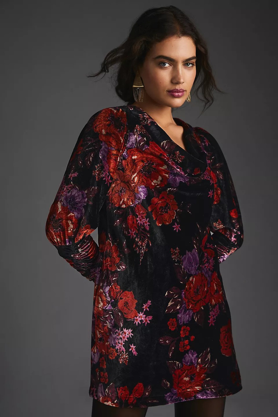 New Anthropologie Maeve Cowl-Neck Velvet Dress $180 X-SMALL Black Motif